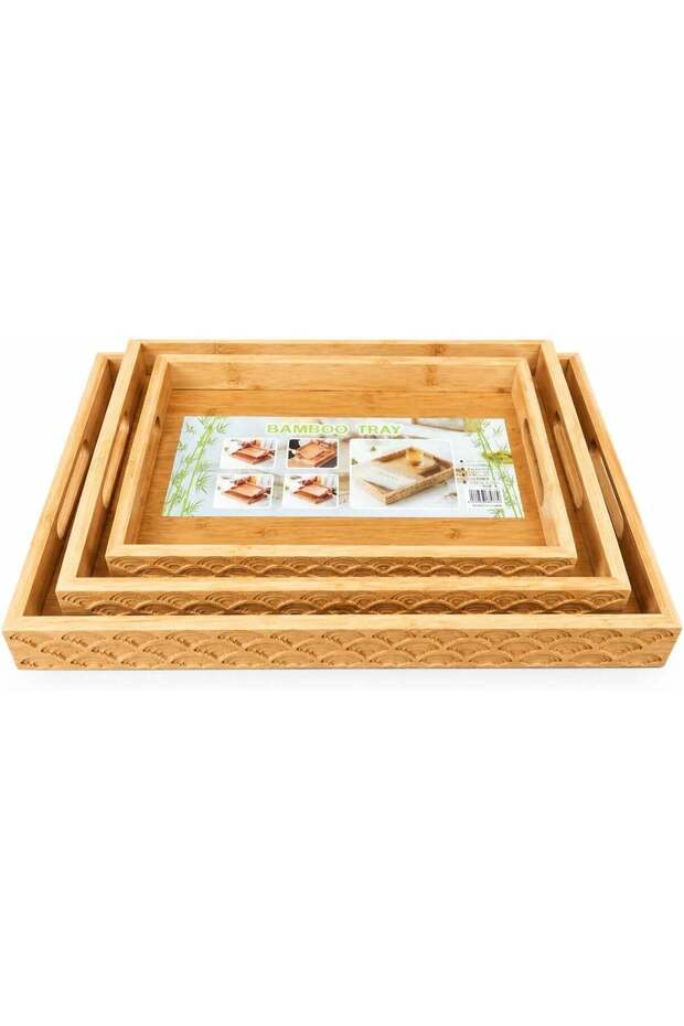 3 Pack Bamboo Serving Trays Set, Wooden Tray With Handles, Food Breakfast Dinner Drink Tray for Tea