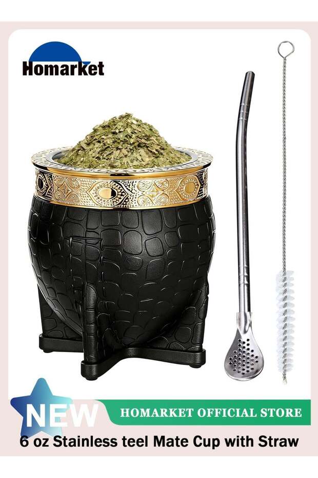 Premium Yerba Mate Cup with Bombilla Mate (Straw) and Cleaning Brush Set, Baroque Style, Leather Gourd, 304 Stainless Steel Inner (Black)