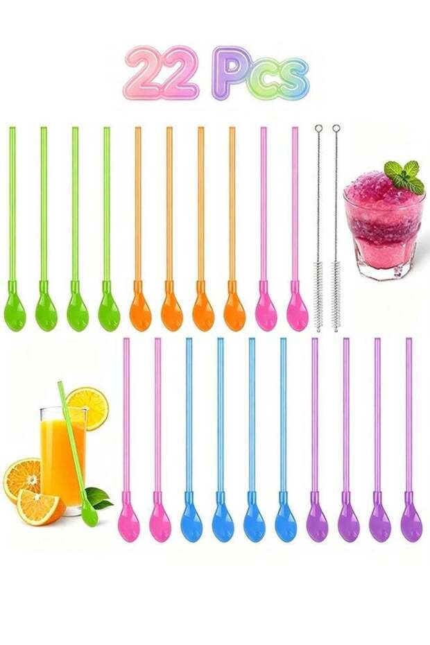 20 Pcs eusable Detachable Plastic Straw Spoons with 2 Cleaning Brush - Multifunction Drinking Straws with Spoon for Smoothies Milkshakes Cocktails Coffee Hot Drinks Party Kitchen Accessories