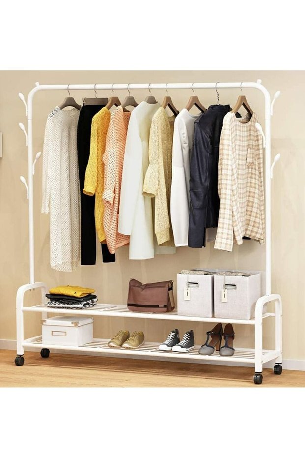 Rolling Clothes Rack, Metal Clothes Hanging Garment Rack, Heavy Duty Indoor Bedroom Clothes Coat Stand Shoes Rack with Top Rod and Lower Storage Shelf Coat Rack (2 layers-White)