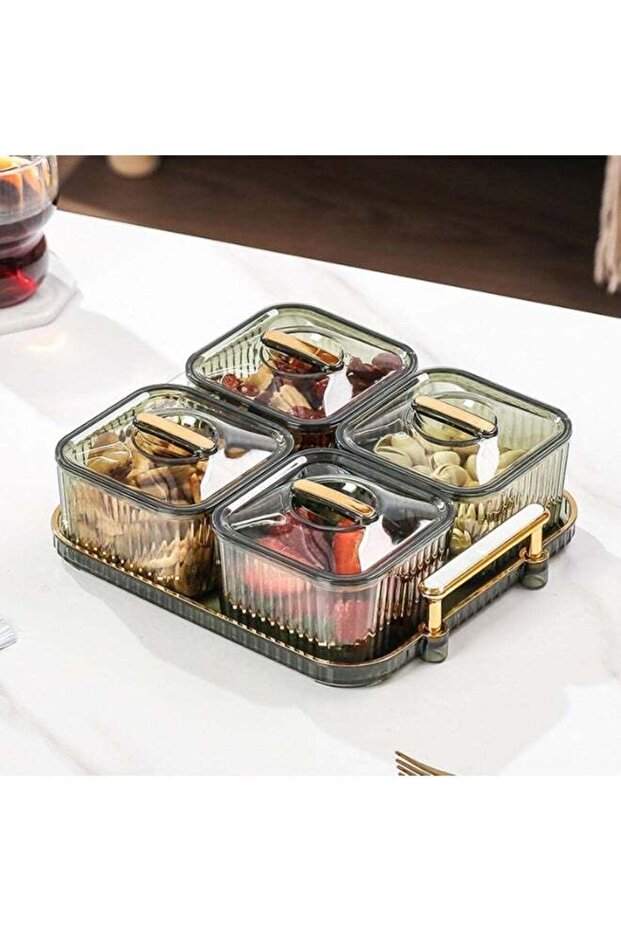 Divided Snack Serving Tray, 4-Compartment Appetizer Platter with Lids, Green