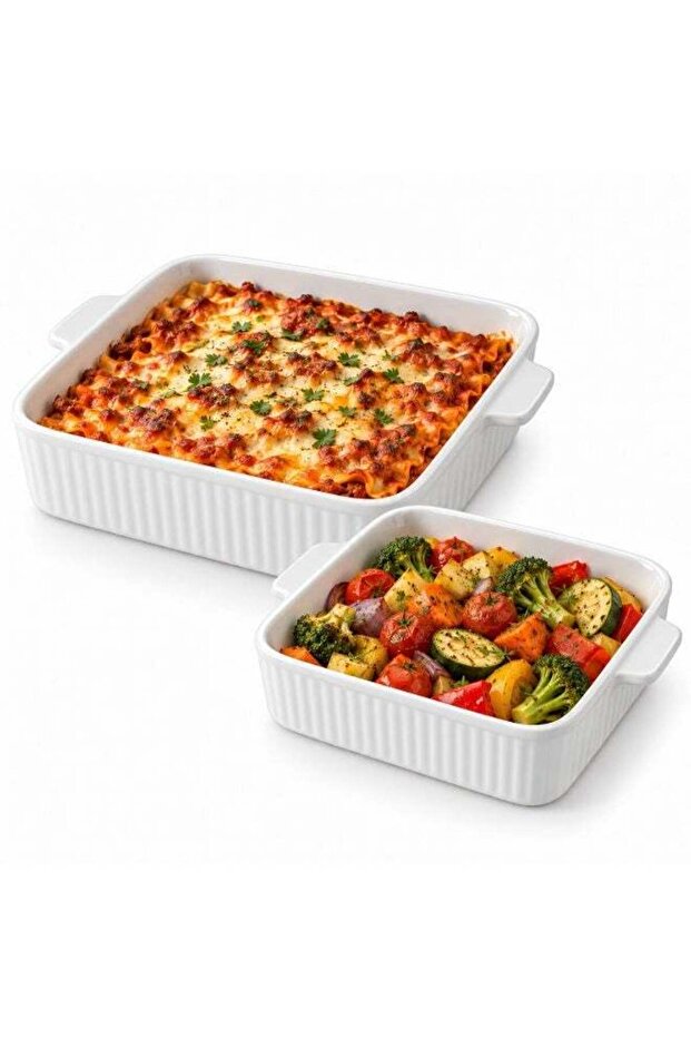 2Pc Ceramic Stripes White Serving Tray Microwave Dishwasher Safe Ceramic Platter for Snacks Dessert