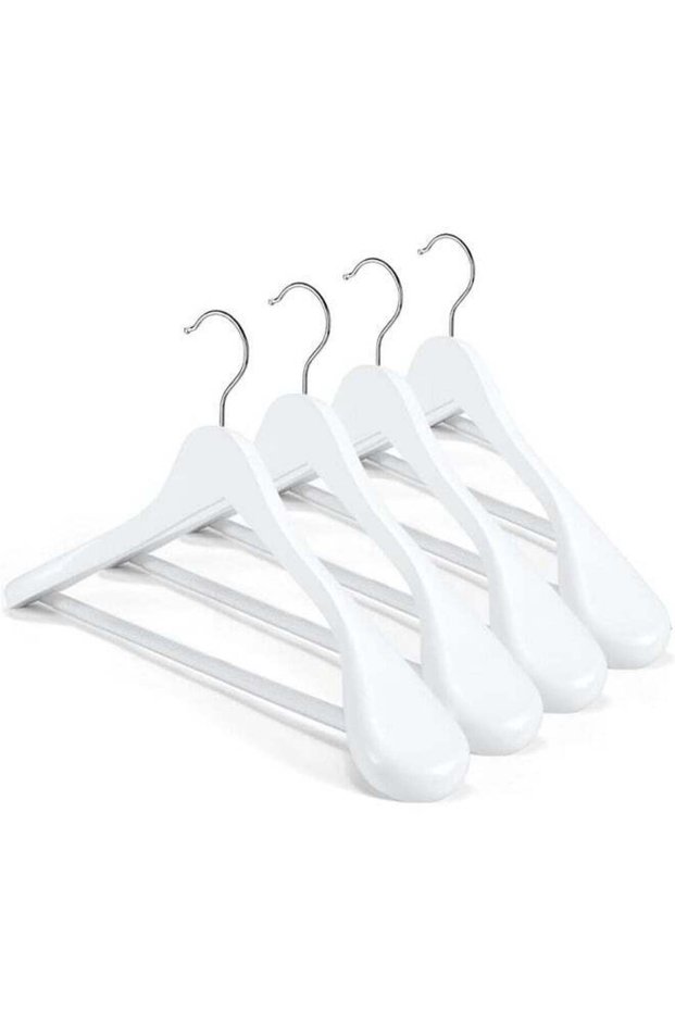 4-Pack High-Grade Solid Wood Coat Hangers for Women, Wide Shoulder Wooden Hangers, Suit Hangers with Non-Slip Pants Bar, Smooth Finish 360°Swivel Hook for Dress, Heavy Clothes Hangers,White