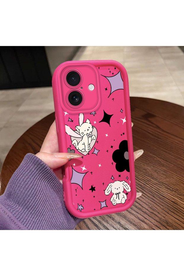 iPhone 16 Plus Compatible Pink Red Silicone Case Shockproof Camera Protection Cat and Star Pattern