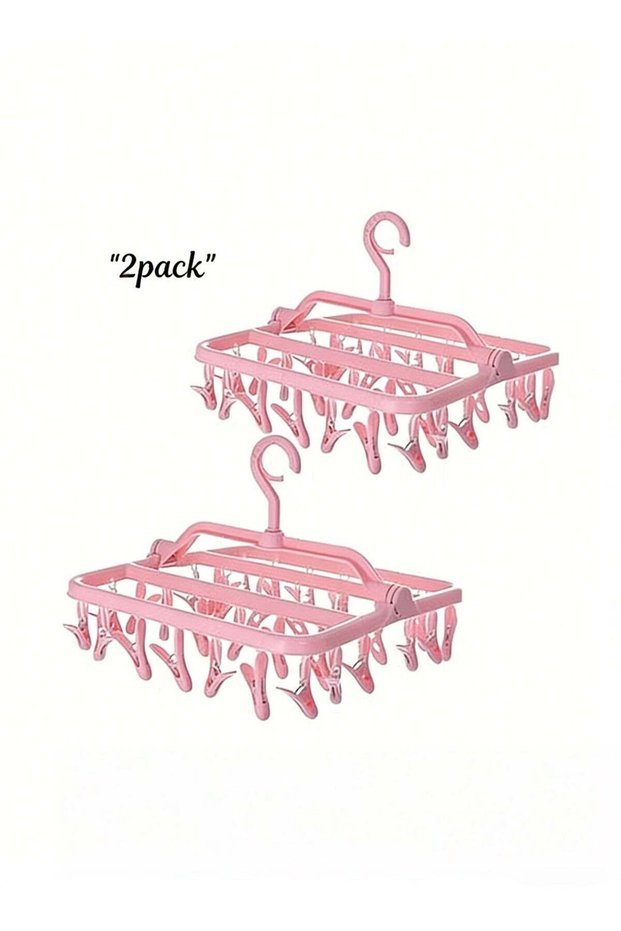 2 Pack Laundry Foldable Clothes Hangers, Folding Laundry Hanger Drying Racks with 32 Clips, for Indoor Outdoor for Drying Socks, Towels (Pink)