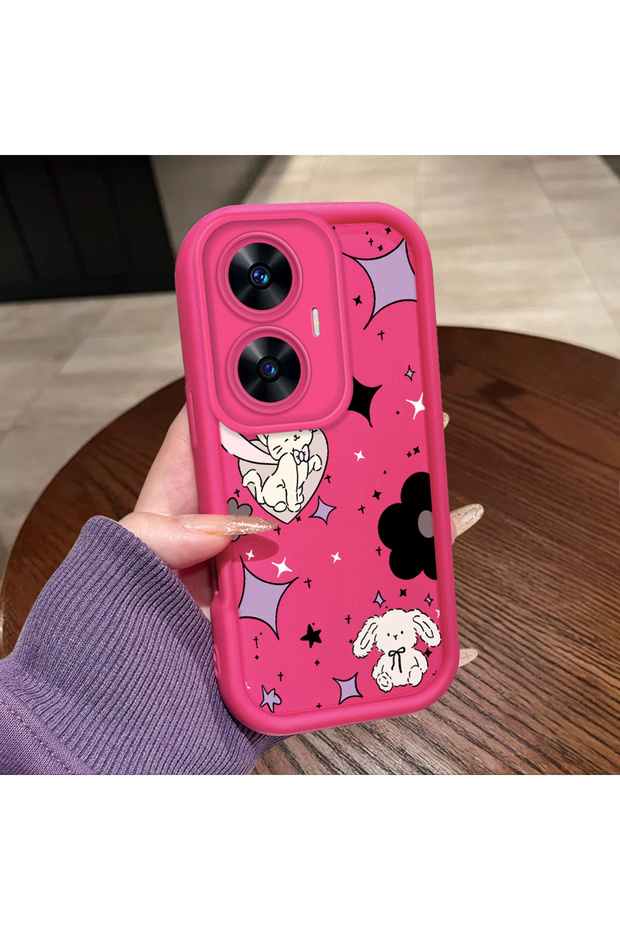 Realme C55 Compatible Pink Red Silicone Case Shockproof Camera Protection Cat and Star Pattern