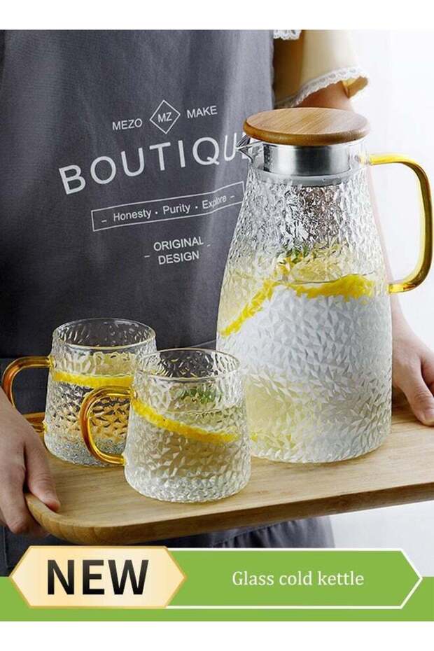 2L Glass Jug Set with Lid Teapot Pot Set Clear, Hot Cold Water Jug 3-Piece Vintage Carvings Glass Teapot,1 Teapot And 2 Cups For Iced Tea Lemonade Coffee Milk Juice