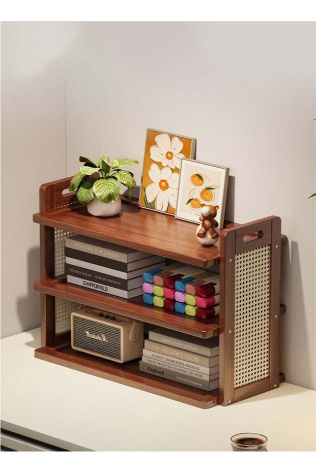 3 Tier Rattan Designed Storage Shelf for Desktop, Storage Rack, Desktop Organization for Bedroom, Office, Livingroom