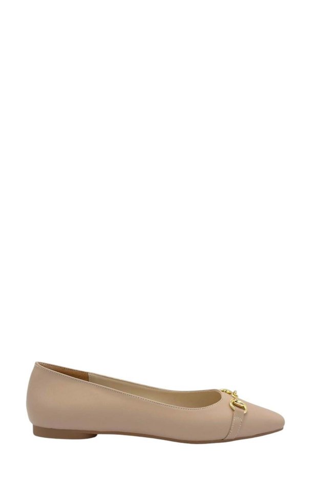 Beige Leather Buckle Pointed Toe Women's Ballerinas (048 260373)