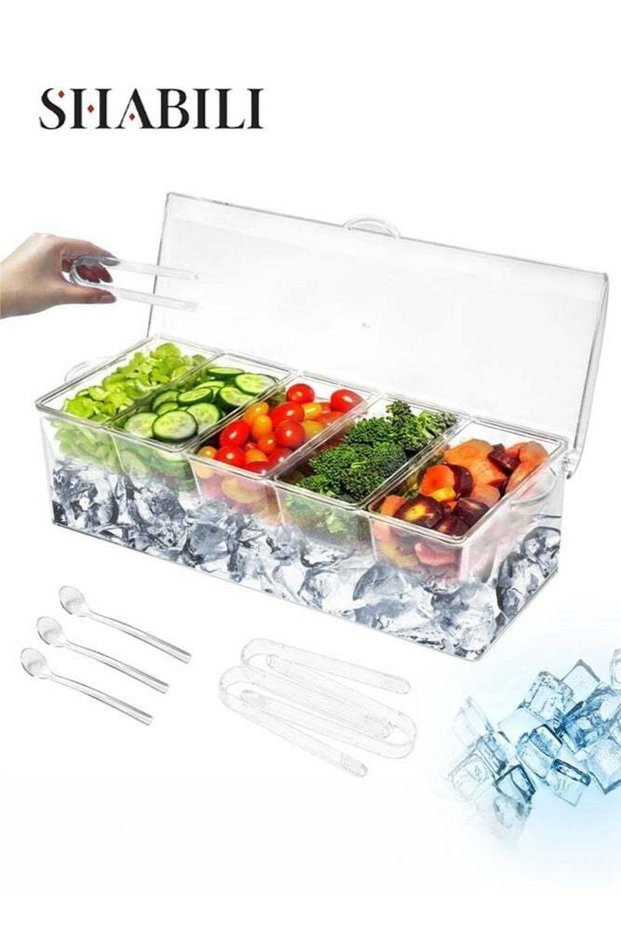 Ice-Chilled Condiment Server with Lid, 5-Compartment Clear PS Serving Tray Salad Bar Buffet Contain