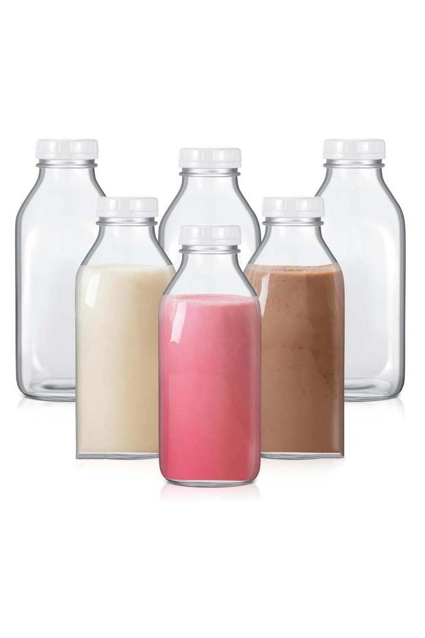 6Pcs 32oz Glass Milk Bottle with Plastic Tamper-proof Caps Vintage Reusable Dairy Drinking Containers, Milk, Juice,Yogurt, Smoothies