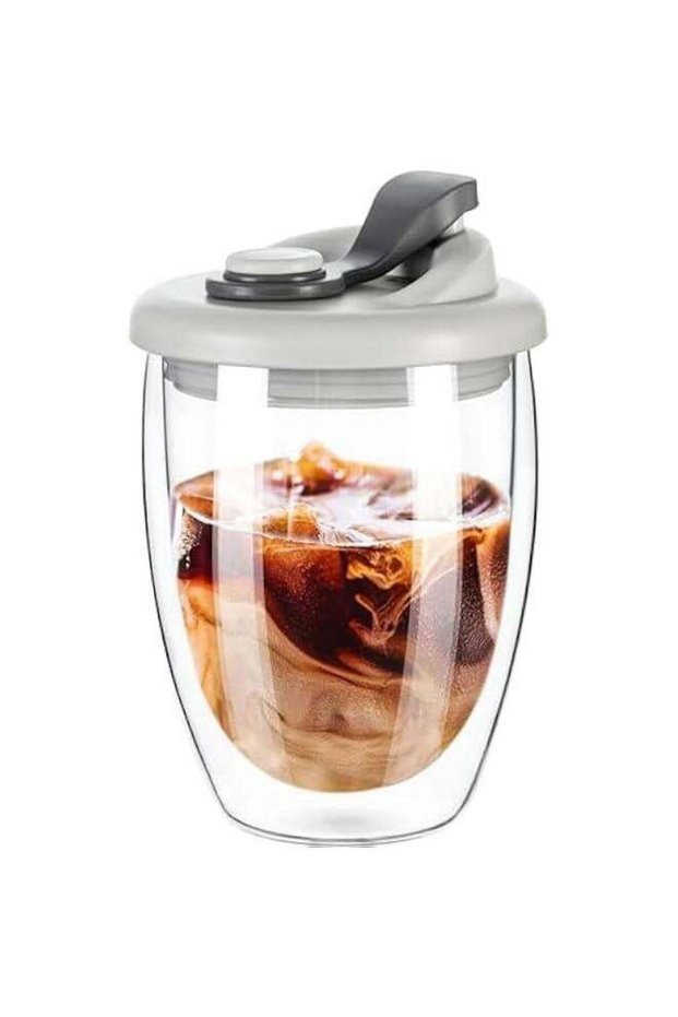 Double Wall Glass Coffee Mug, Glass Coffee Cup with Silicone Lid 12 OZ, Insulated Coffee Mug for Milk, High Borosilicate Glass Double Walled Cup for Travel & Home
