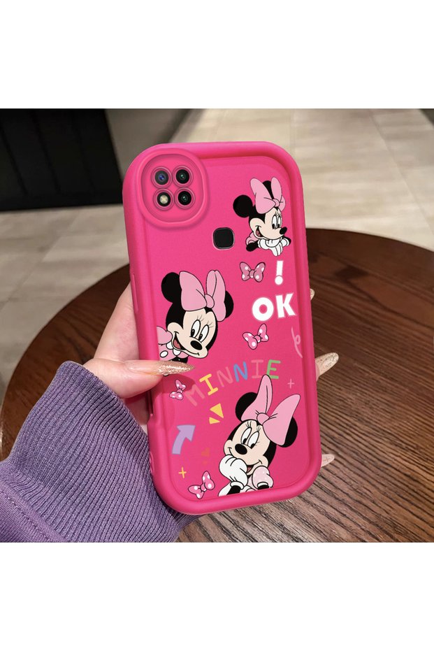 حافظة سيليكون باللون الأحمر الوردي متوافقة مع هاتف Redmi 9C/10A، مقاومة للصدمات، حماية للكاميرا، نمط ميني وفيونك