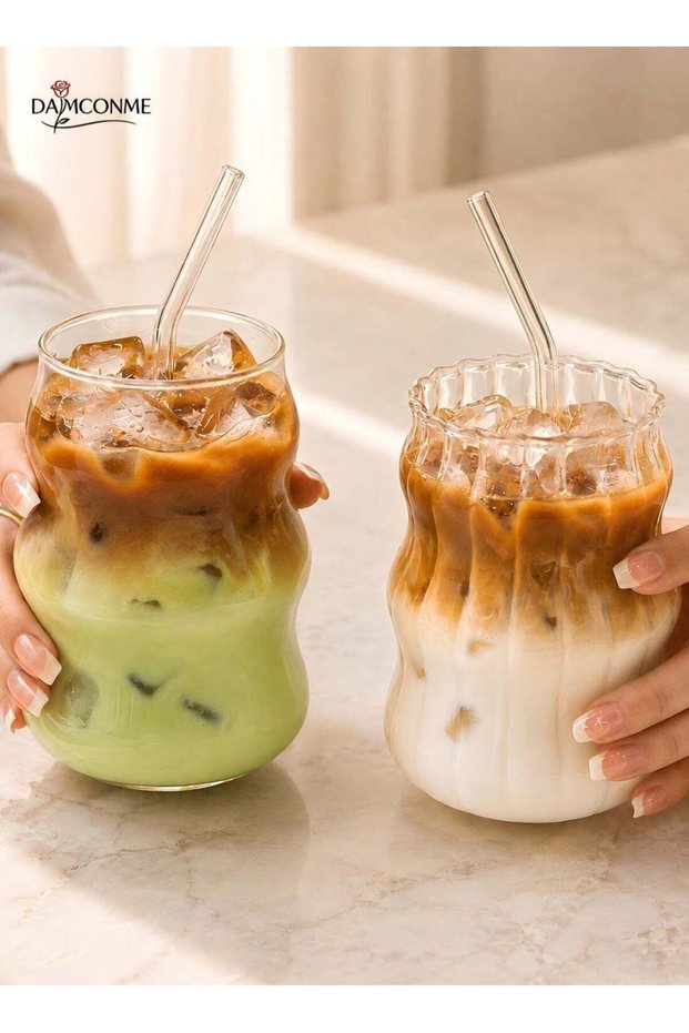 2 Pcs Ribbed Glass Cups – Vintage Wave Design Drinking Glassware for Iced Coffee, Juice, Milk, Tea and Beverages