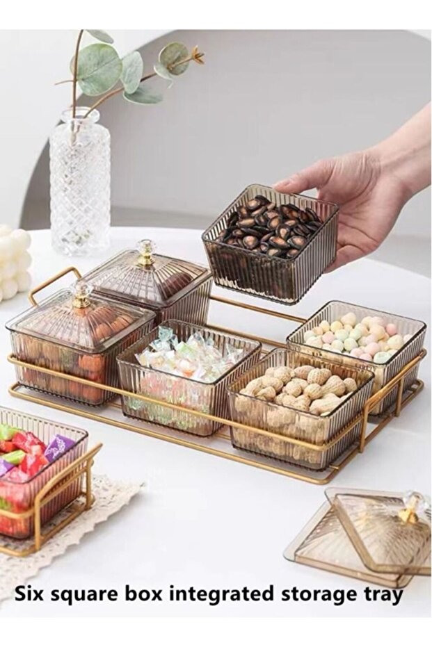 1-Set Metal Tray Six Square Box Integrated Snacks Dried Fruit Storage Tray with Lid/Dessert Plate/F