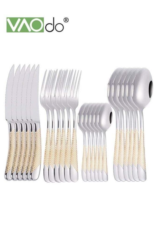 24PCS Stainless Steel Flatware Set, Premium Cutlery Set, Mirror Polished Metal Tableware Include Knives Forks Spoons Dessert Spoons