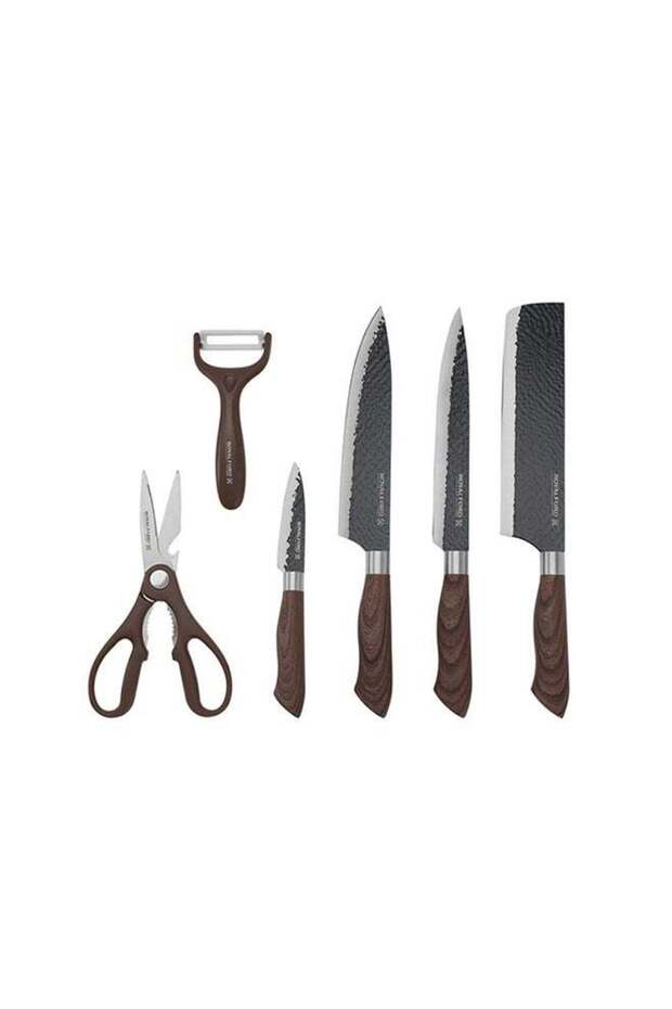 Royalford 6-Piece Stainless Steel Kitchen Knife Set, Non-Stick Coating, Extra-Short Blades, PP Handles with TPR Wood Finish, Multi-Functional, Brown, RF10462 Brown 3.5 , 8inch