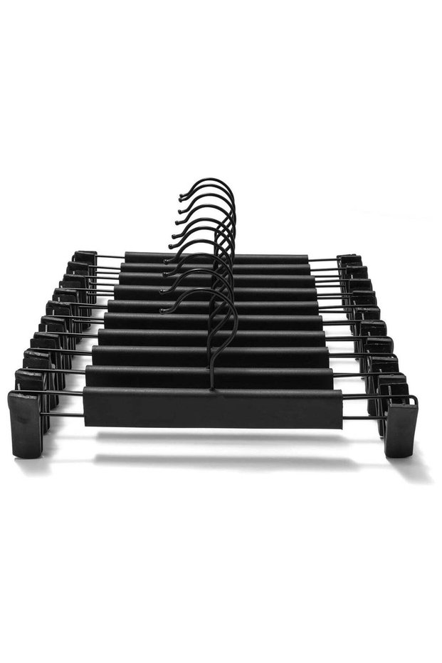 10 Pack Clothes Pants Hangers Black, Space-Saving Skirt Holders with 360 ° Swivel Hooks, Adjustable Clips, Trouser Coat Garment Jeans