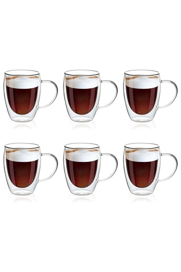 6pc Double Walled Glass Coffee Mugs with Handle,Insulated Layer Coffee Cups,Clear Borosilicate Glass Mugs,Perfect for Cappuccino,Tea,Latte,Espresso,Hot Beverage,Safe (250ml 6pcs)