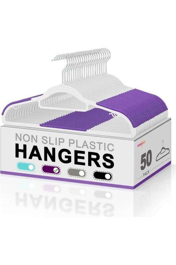 HOUSE DAY Pack of 50 R-Shape Non-Slip Plastic Clothes Hangers, Heavy Duty Closet Organizer Hangers - White/Purple