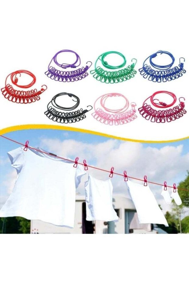 SAFENHAND Portable Elastic Windproof Clothesline with 12 Clips for Indoor & Outdoor Laundry Drying, Easy Cotton Woven Clothes Hanger Multi Color