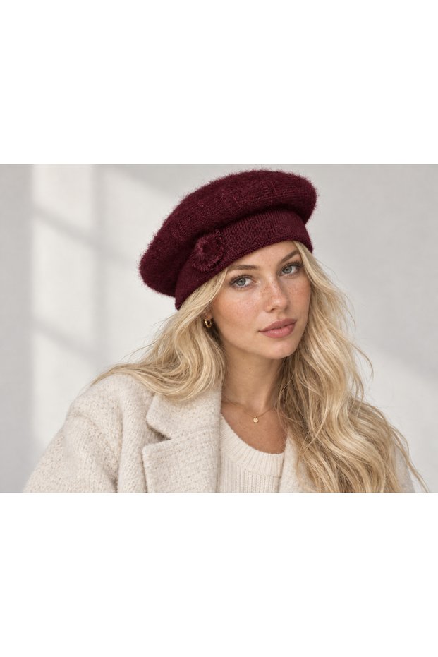 Women's Angora Hat with Pompom Flower Detail - Flexible Soft Wool Texture