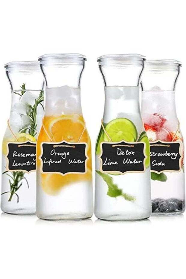 Glass Carafe with Lid,4 Pack Clear Glass Pitcher for Cold Water, Juice, Milk, Iced Tea, Lemonade ,Bar, Brunch buffet,Beverage Serveware Carafe, 4 Wooden Chalkboard Tags