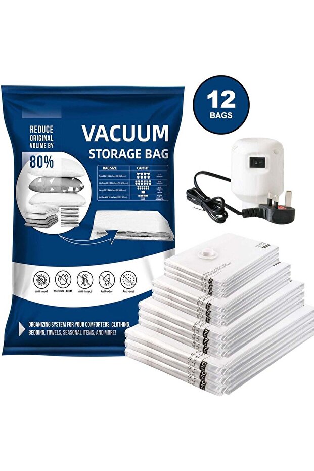 Vacuum Storage Bags, Pack of 12, (3 Jumbo 3 Large 3 Medium 3 Small) with Free 55W Electric Pump, Reusable Space Saver Compression Bags for Travel, Ideal for Clothes, Bedding, Duvets