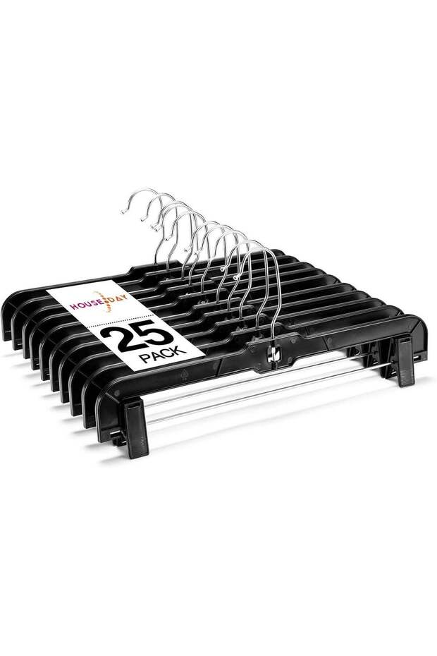 HOUSE DAY 25 Pack Pants Hangers with Clips, 14 inch Skirt Hangers 360-Rotating Swivel Hook, Clip Hangers for Pants, Hangers with Clips, Black Plastic Pants Hangers