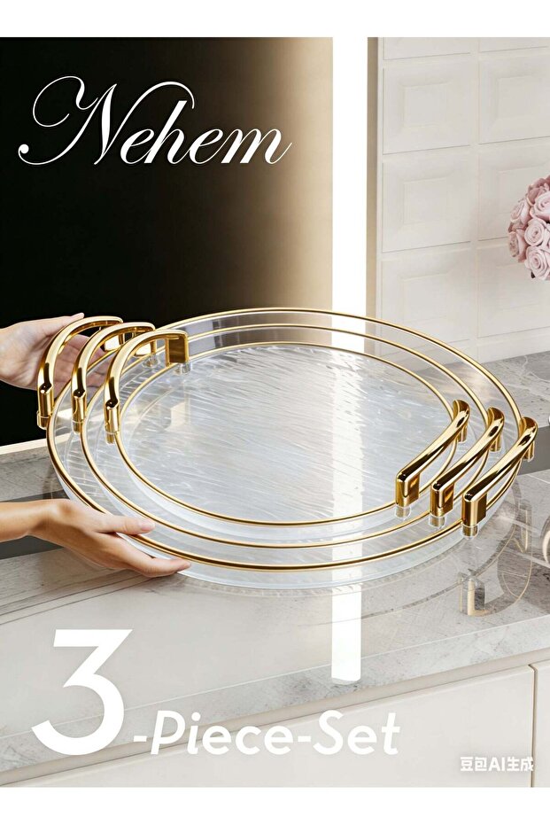 3 PCS Clear Serving Tray, With Polished Metal Handles, Serving Plate, Wavy Pattern Clear Tray, Spil