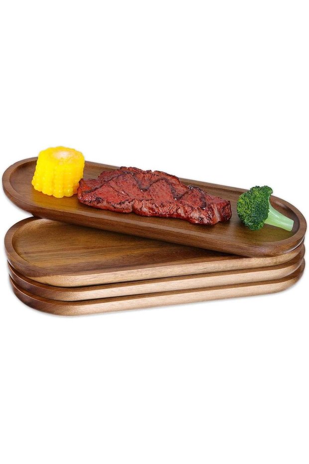 4 Pack Acacia Wood Serving Trays, oval-shaped Charcuterie Boards, for Appetizers, Cheese, Holiday S