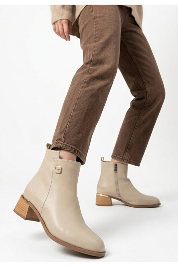 Tinu premium beige zippered thick heeled boots