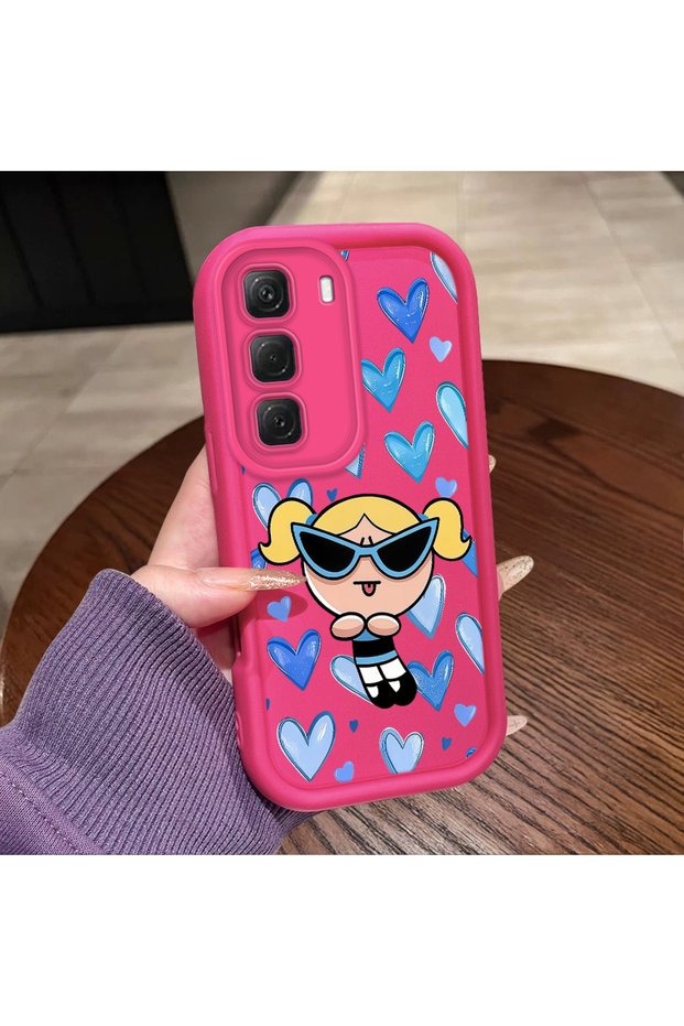 Infinix Hot 60 Pro Compatible Pink Red Silicone Case Shockproof Camera Protection Heart Powerpuff Girls Patterned