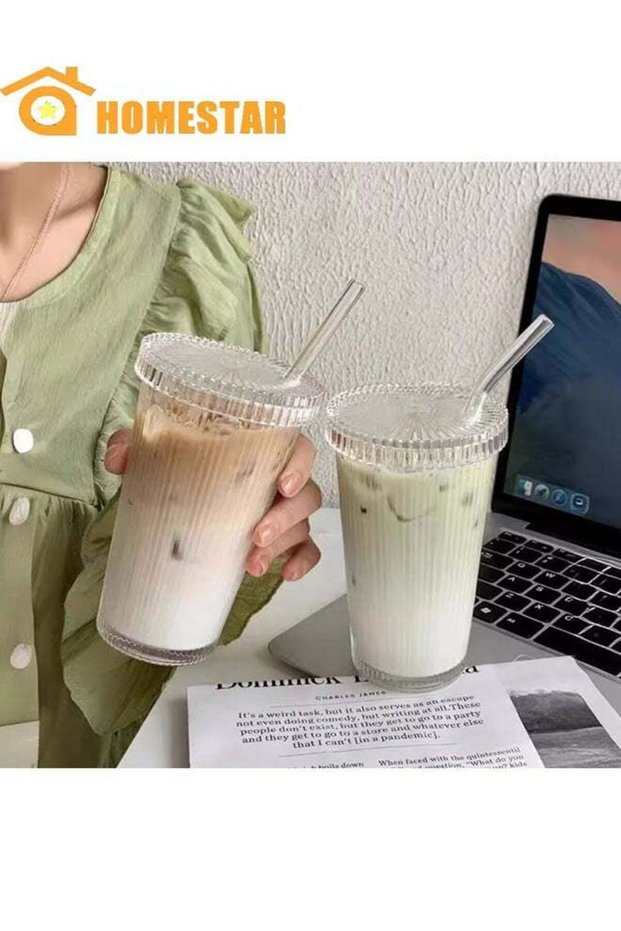 2 Pcs Water Glass, 375 ML Coffee Cups, Simple Vertical Stripes Water Glasses with Lids and Straws