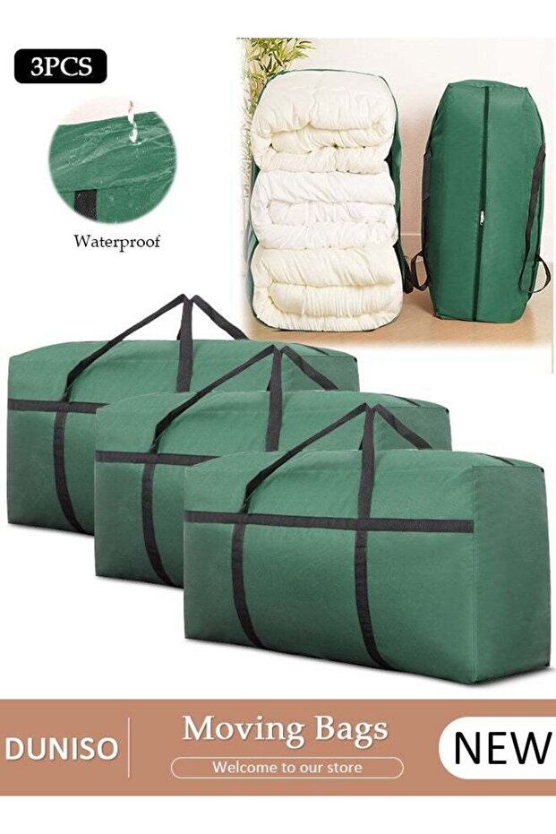 3-Piece Heavy-Duty Storage Bags With Zippers, Extra Large Durable Clothes Blanket Organizer Totes For Moving, Waterproof Laundry Bags With Reinforced Handles, Space-Saving Foldable Moving Bags For Ho
