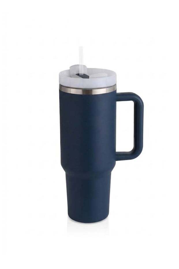40oz Stainless Steel Tumbler with Handle and Straw, Vacuum Insulated Travel Water Bottle Mug, Leak-Proof Sports Jug for Hot and Cold Drinks - Dark Blue