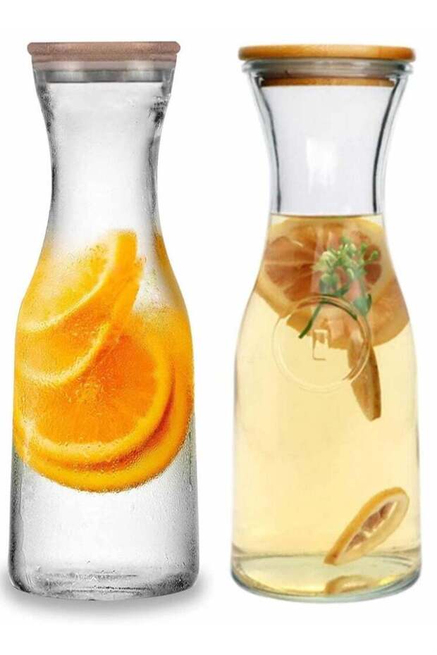 2PCS Glass Water Carafe with Bamboo and Stainless Steel Lid, Beverage Dispenser, Clear Carafe for Water, Milk and Juice, Glass Carafe Pitcher (1.0L)