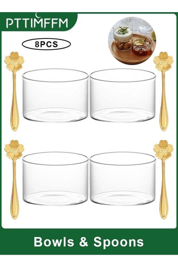 Mini Glass Dessert Bowl and Floral Spoon Set, 8-Piece Clear Glass Bowls with Stainless Steel Flower