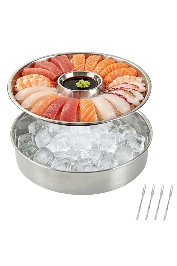 Chilled Serving Tray for Parties Shrimp Cocktail Serving Dish with Ice Tray Stainless Steel Round I