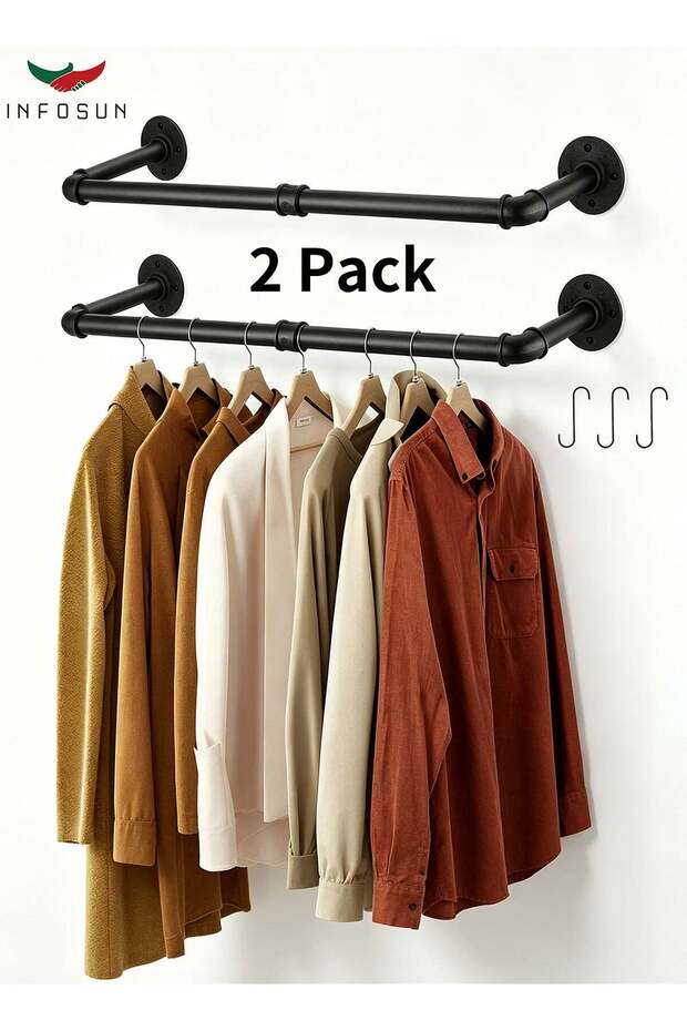 Clothes Rack Wall Mounted, 2 Pack Heavy Duty Iron Garment Bar with 3 S-Shaped Hooks, Industrial Pipe Garment Rack Detachable Adjustable 92 CM Long