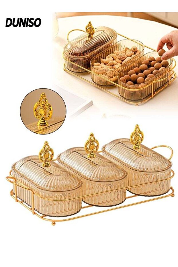 Transparent Multi-Compartment Snack Serving Set with Lid & Handle, 3 Removable Dish Bowls with Meta
