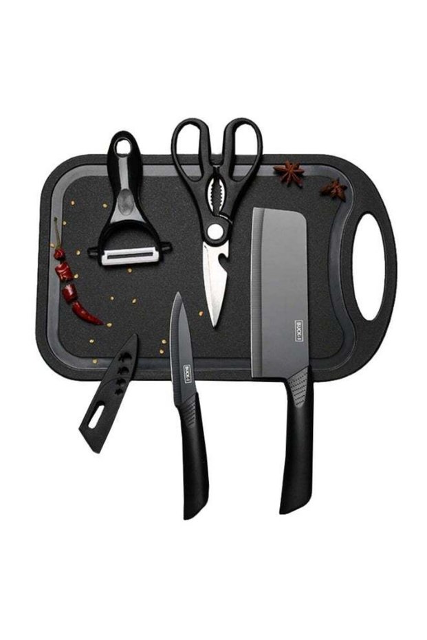 5 Pieces Kitchen Knife Set with Chopping Board, Stainless Steel Chef Knives,Stainless Steel Cleaver Fruit Knife, Peeler, Scissor, Multi-purpose Anti Rust Non Stick Cooking Cutlery Set for Home Kitch