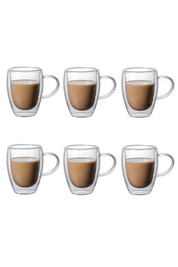 Double Wall Glasses with Handle for Coffee/Tea, Espresso Shot Glass Cup, Set of 6 Coffee Mug Perfect for Cappuccino, Latte, Turkish Tea, Milk and Beverage (350ml)
