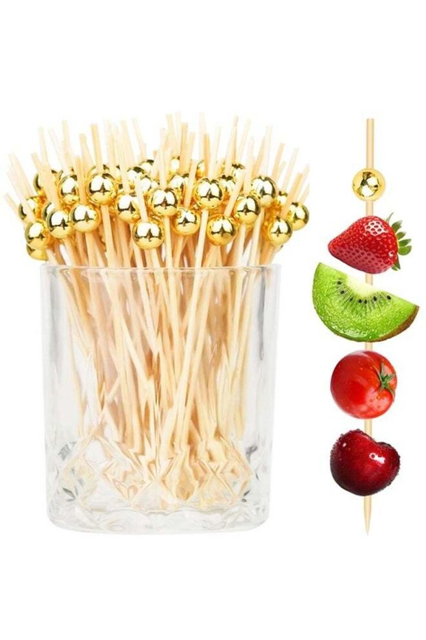 100PCS Cocktail Picks, Fancy Toothpicks for Appetizers, Decorative Skewers for Appetizers Drinks Party Fruit,Wooden Bamboo Gold Ball Food Sticks