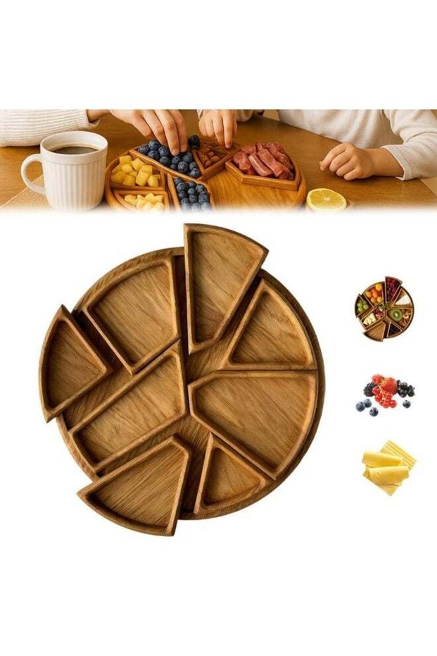 Wooden Puzzle Serving Tray with 8 Removable Compartments for Snacks & Dips