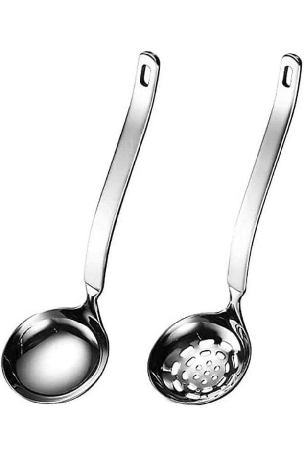 Soup Ladle Skimmer Slotted Spoon Set, 2 Pcs Soup Ladle Metal SUS304, Stainless Steel Ladles Spoon and Slotted Colander Spoon Set, Small Soup Ladle, for Serving Gravy Hot Pot Or Restaurant