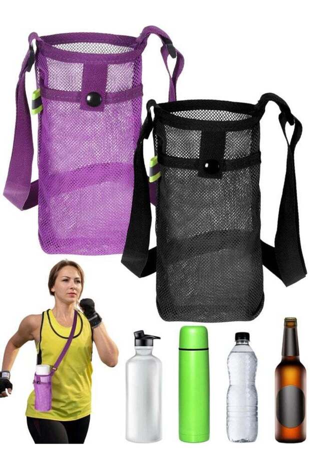 2 PCS Mesh Water Bottle Carrier With Shoulder Strap, Water Bottle Holder With Adjustable Strap Bottles Sling Bag For Hiking, Walking, Camping, Travel