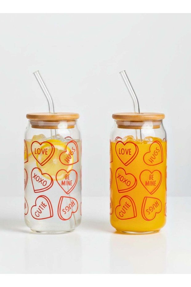 Set of 2 - 550 ML Borosilicate Valentine Themed Sipper Glasses with Bamboo Lids & Glass Straws