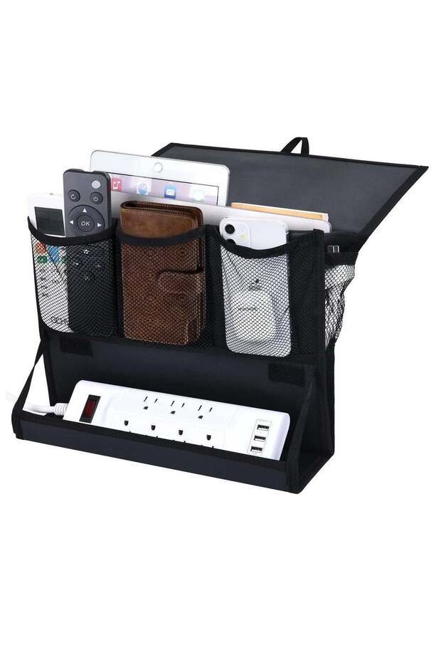 Bedside Caddy, Hanging Bedside Organizer with Power Strip Holder, Bedside Storage Organizer with 6 Pockets Multi-functional Organizer Caddy