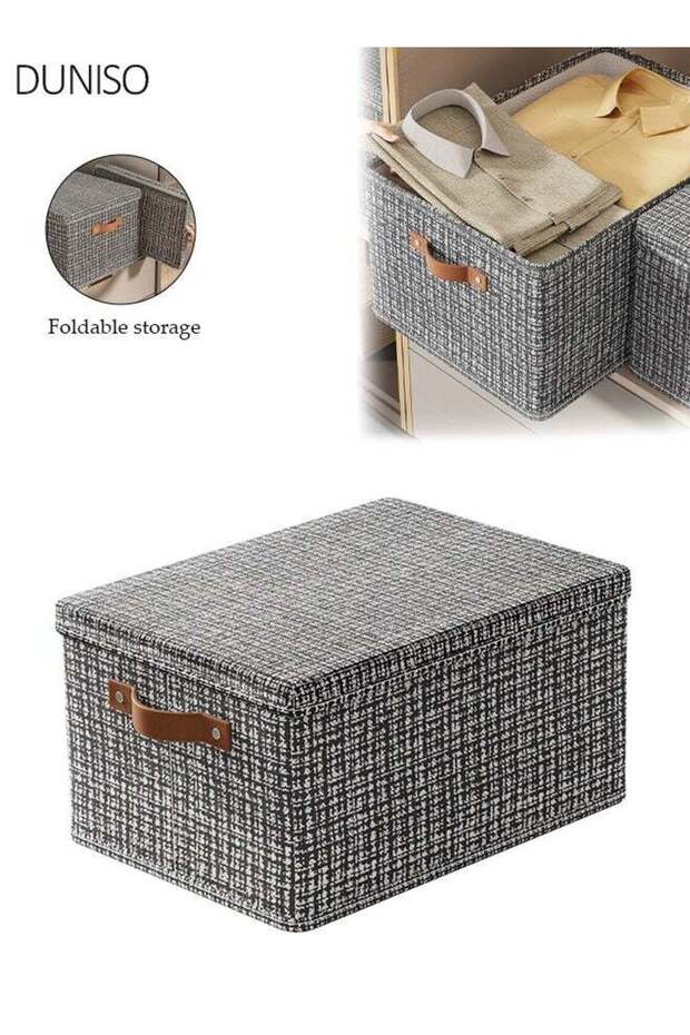 Black Foldable Storage Boxes with Lids, Versatile Non-Woven Fabric Storage Cubes with 2 Brown Handles, 36x25x20cm for Clothes & Toy Organizatio